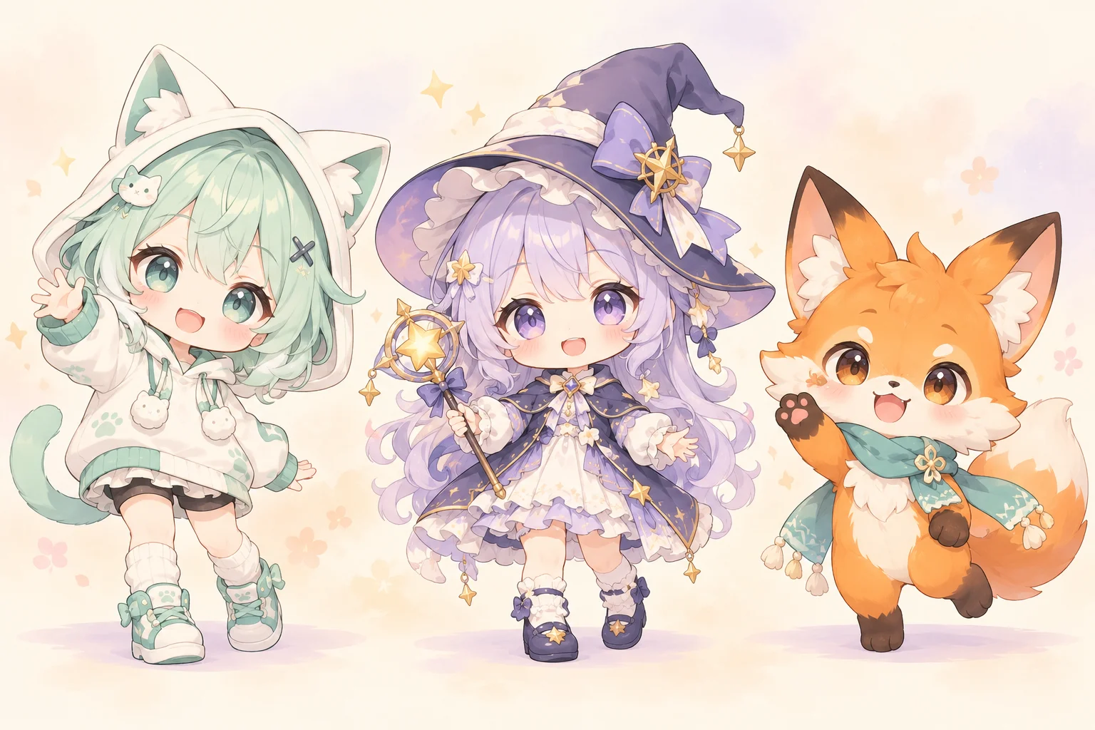 三个原创Q版角色：穿猫耳连帽衫的薄荷绿短发角色、紫色小魔法师和橘色狐狸吉祥物
