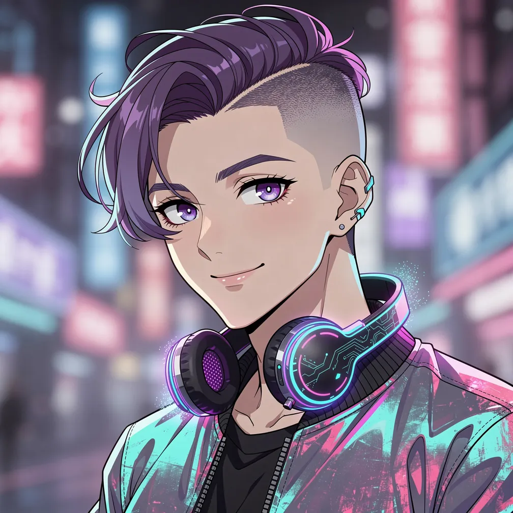 赛博偶像头像，发光耳机，自信表情，全息外套