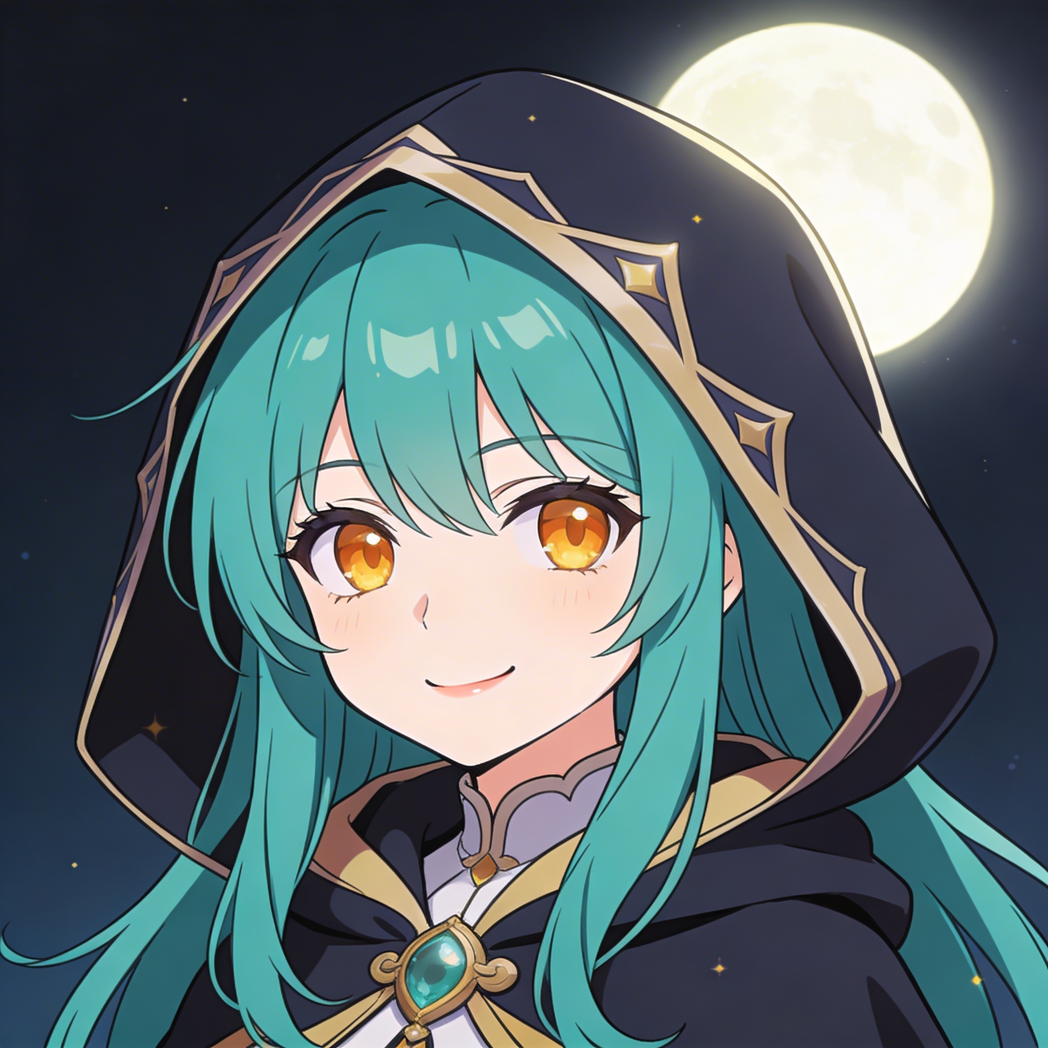 幻想法师头像，青绿色长发，温柔微笑，月光氛围，干净人像