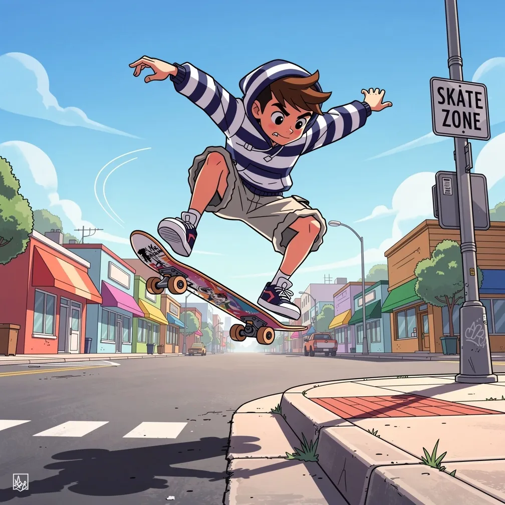 cartoon city scene, dynamic hero pose, colorful storefronts, cel-shaded lighting