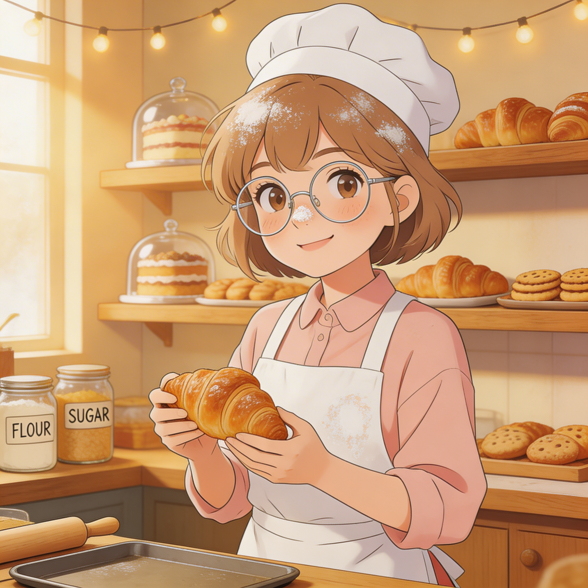 storybook baker, warm palette, cozy shop interior, clean cartoon illustration