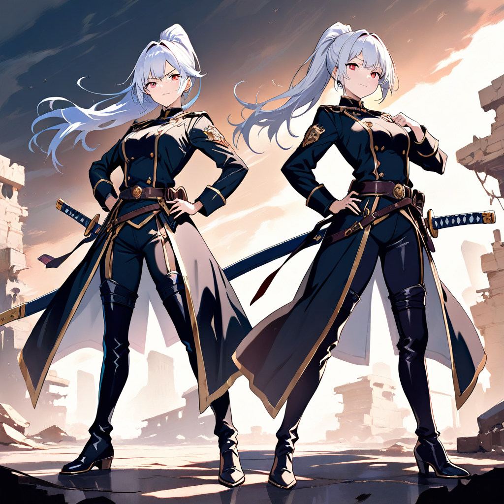 White ponytail swordswoman, military coat, red eyes, full body anime character concept