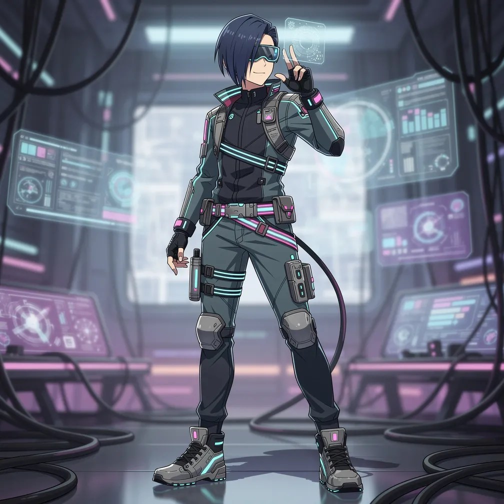 Cyber operator character, visor headset, tactical jacket, neon control room