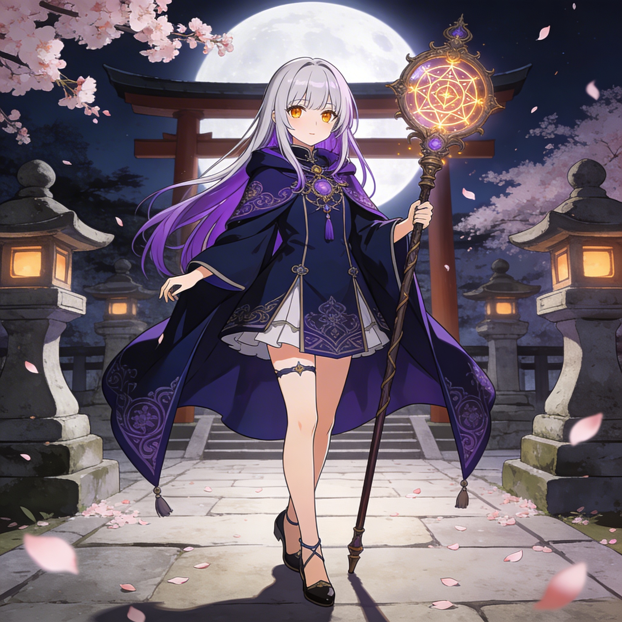 Fantasy mage character, ornate cloak, relic staff, moonlit shrine, anime key art