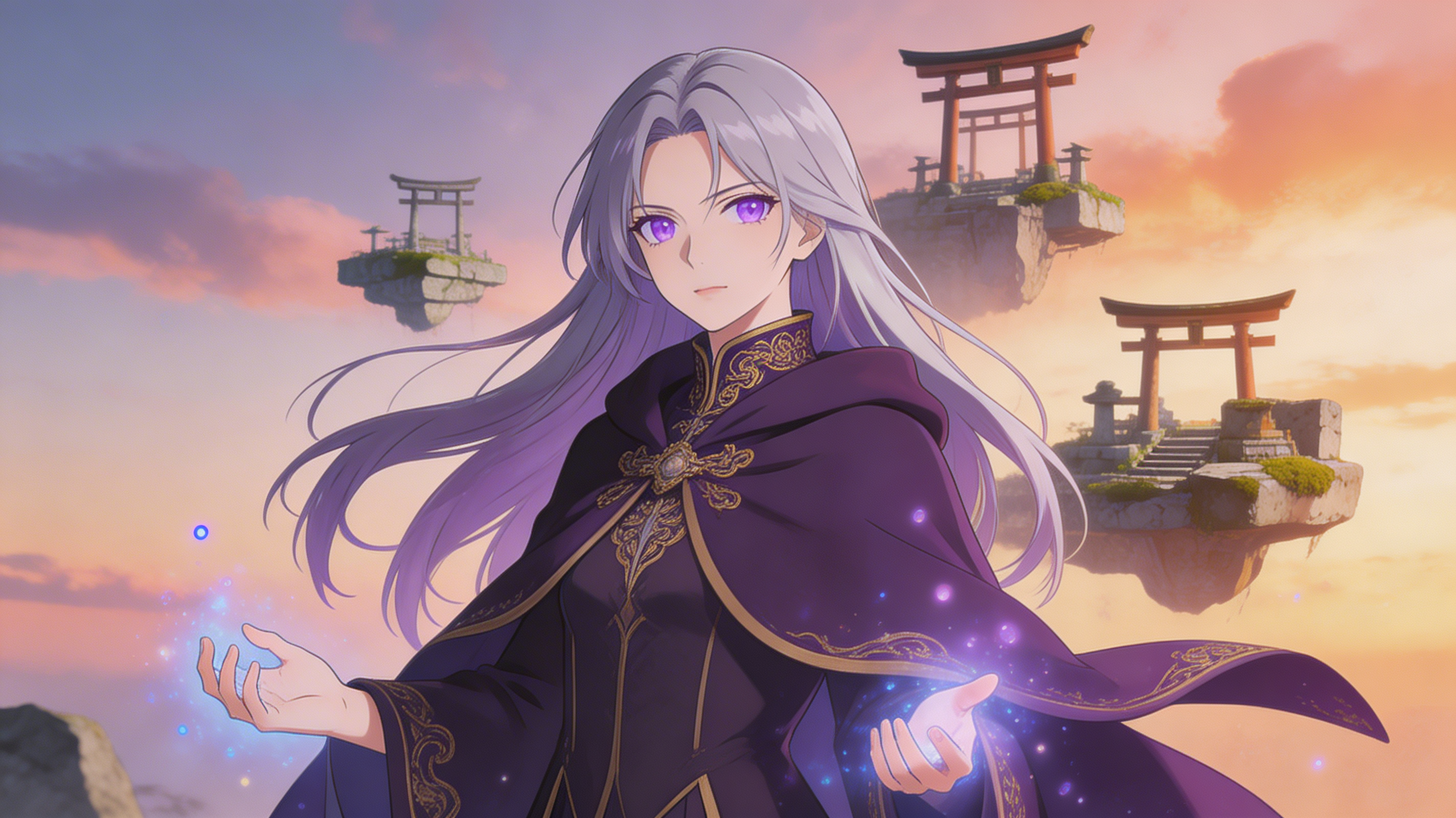 Fantasy-Magierin-Wallpaper, schwebender Schrein, Abendhimmel, Anime-Key-Visual